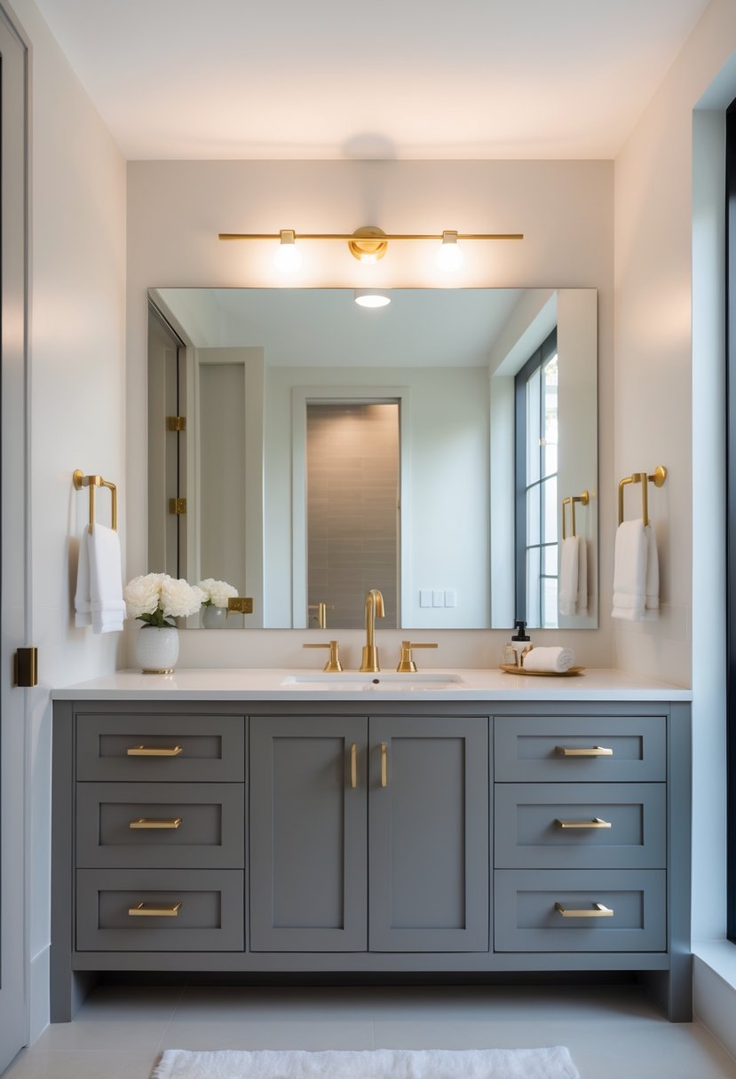 v2 16m8qt peem1 A bathroom vanity with brass handles and faucet, a sink, and a mirror in the background.