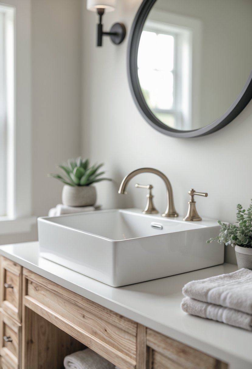 v2 16m8r1 rv69j A bathroom vanity with a white apron sink, wooden cabinet, and a mirror above it.