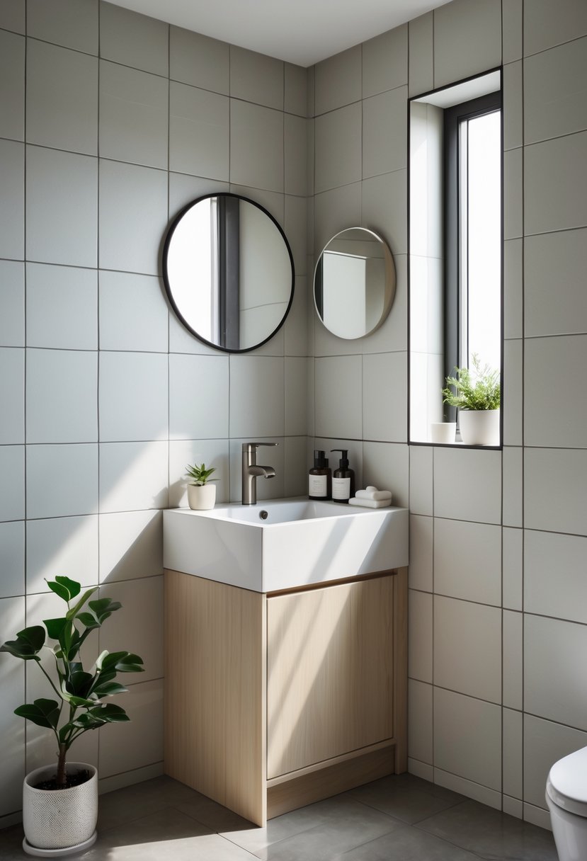 v2 16m8r8 la4pd Compact corner bathroom vanity with a white sink, light wood cabinet, round mirror, and small potted plant in a small bathroom.