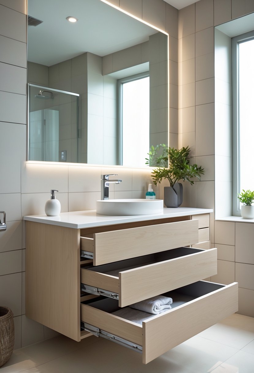 v2 16m8rj eo91g A modern bathroom vanity with soft-close drawers, a white sink, and a chrome faucet in a bright bathroom setting.