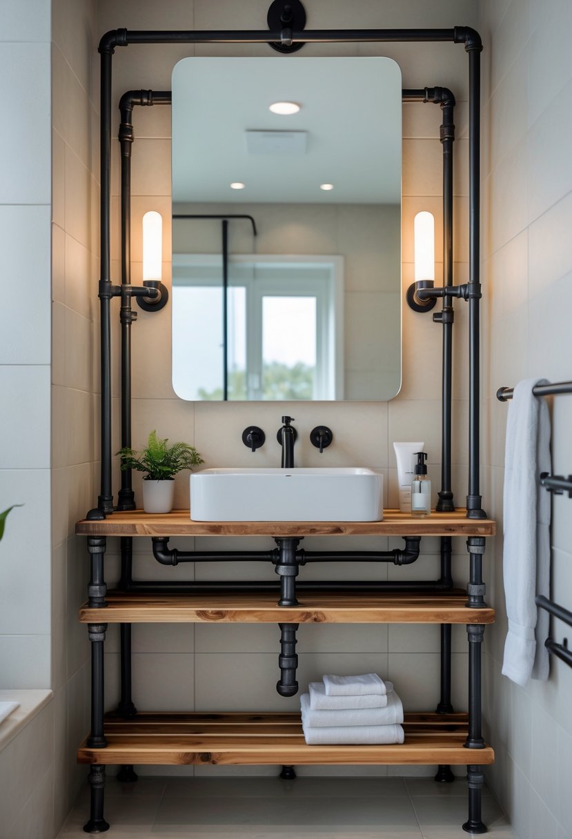 v2 16m8rr 55kdj A bathroom with an industrial pipe frame vanity holding a white sink and a large mirror above it.