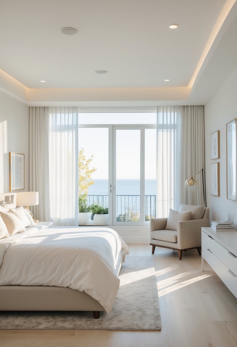 A modern bedroom with a large bed, bedside tables, natural light from windows, and a cozy reading nook.