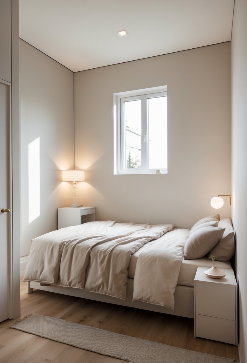 A bedroom with a bed positioned against the shortest wall, featuring a nightstand and natural light from a window.