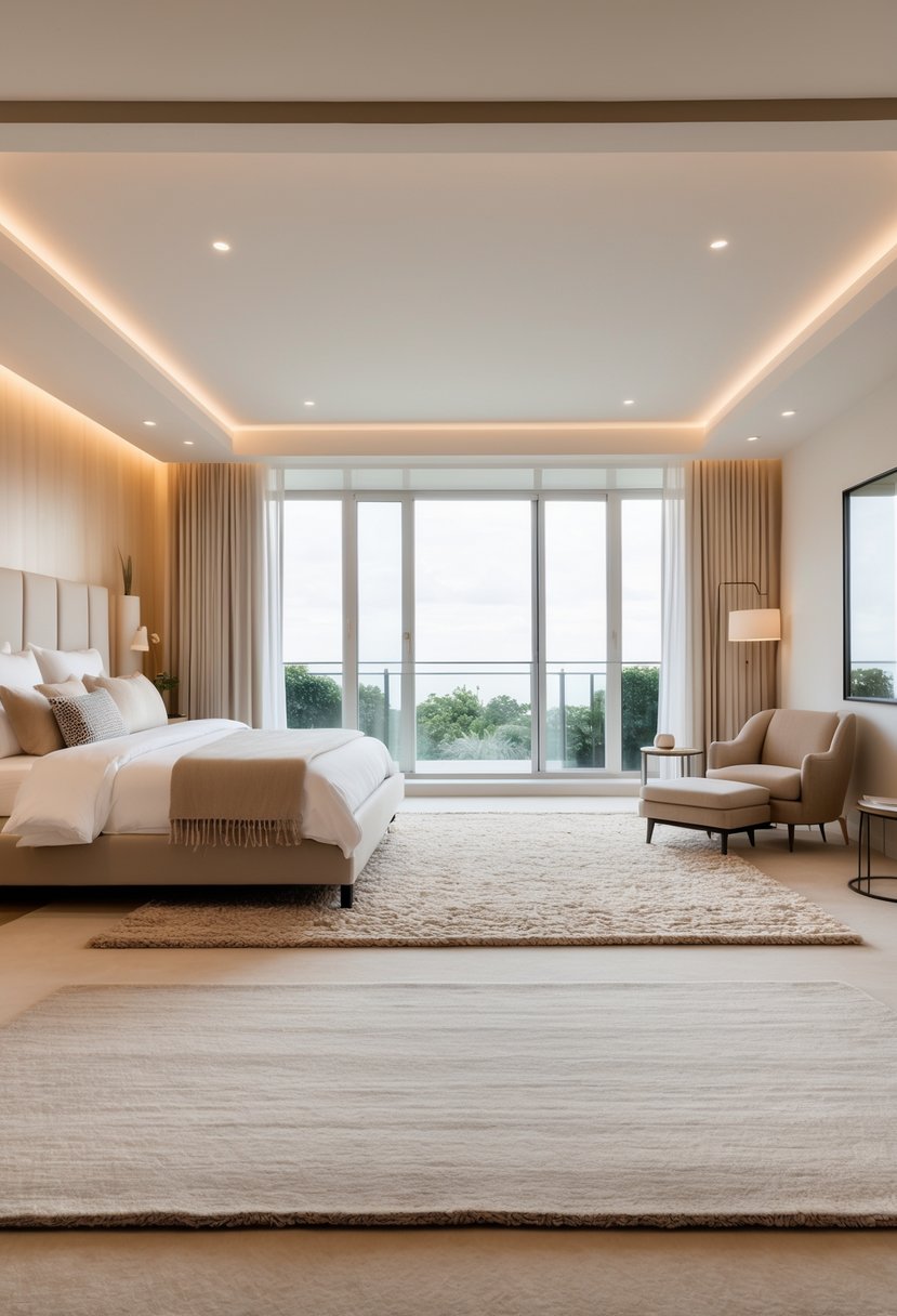 A bedroom with a bed on one area rug and a separate lounging area with an armchair on another rug, creating distinct zones within the room.