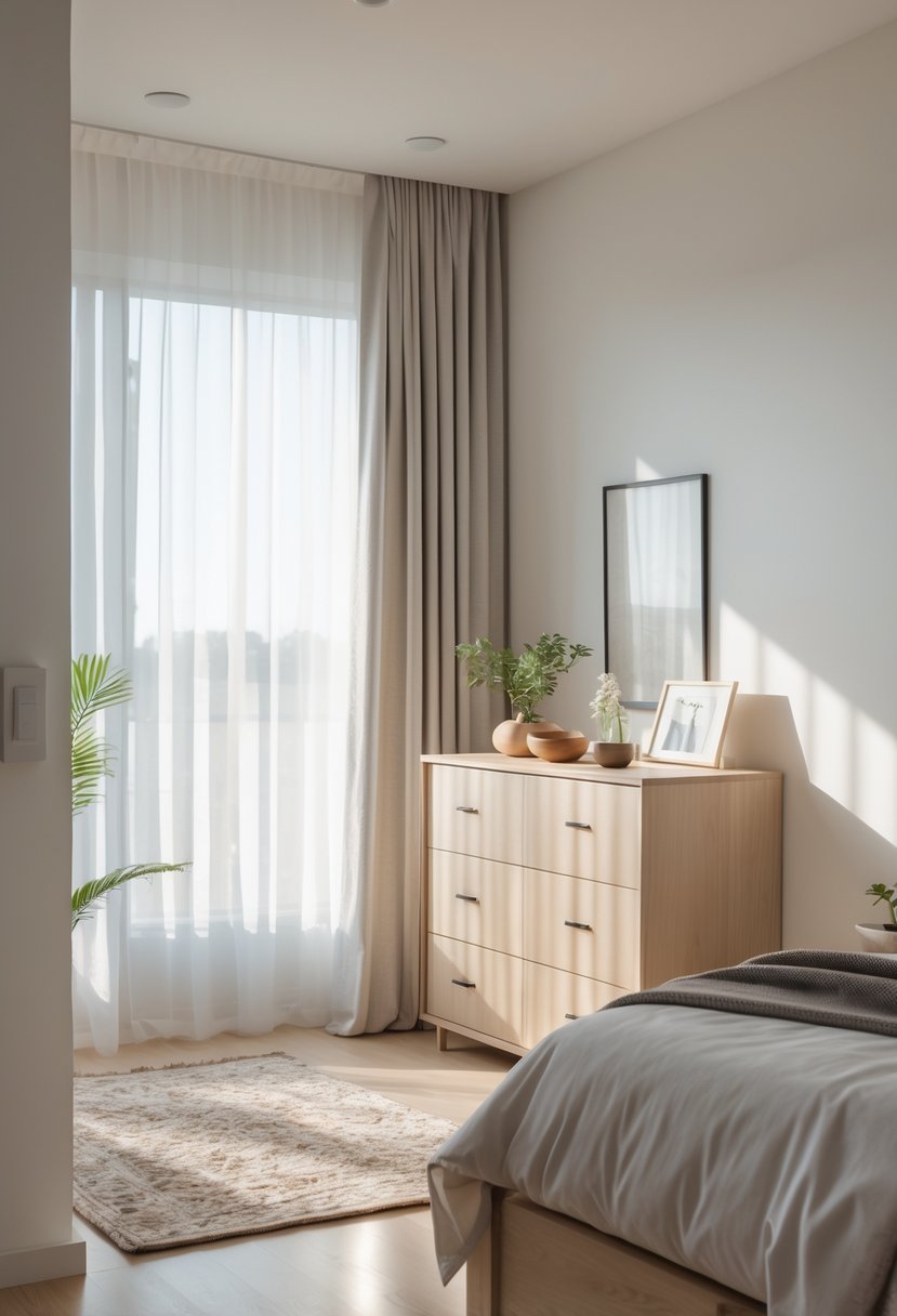 A bedroom with a dresser placed near a window allowing natural light to brighten the room.