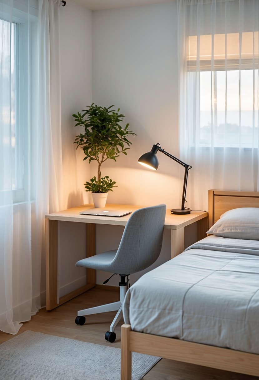 A bedroom with a small desk and chair placed in an unused corner, creating a functional workspace next to a neatly made bed.