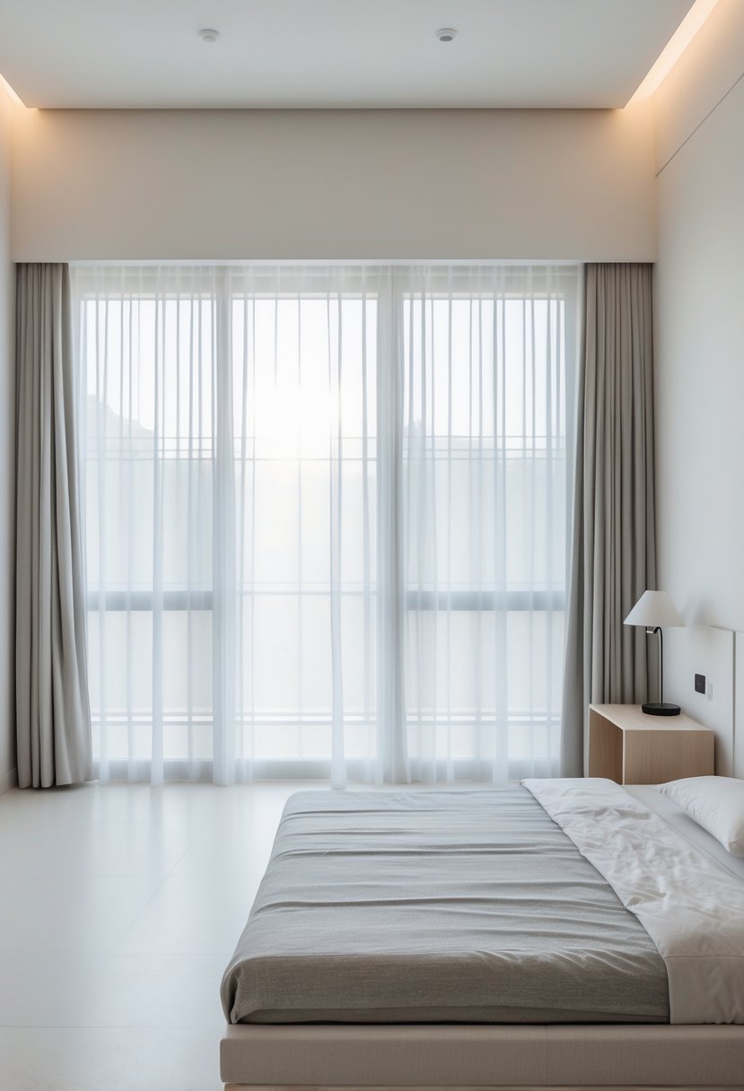 A clean and tidy bedroom with a bed, nightstand, and natural light coming through large windows.