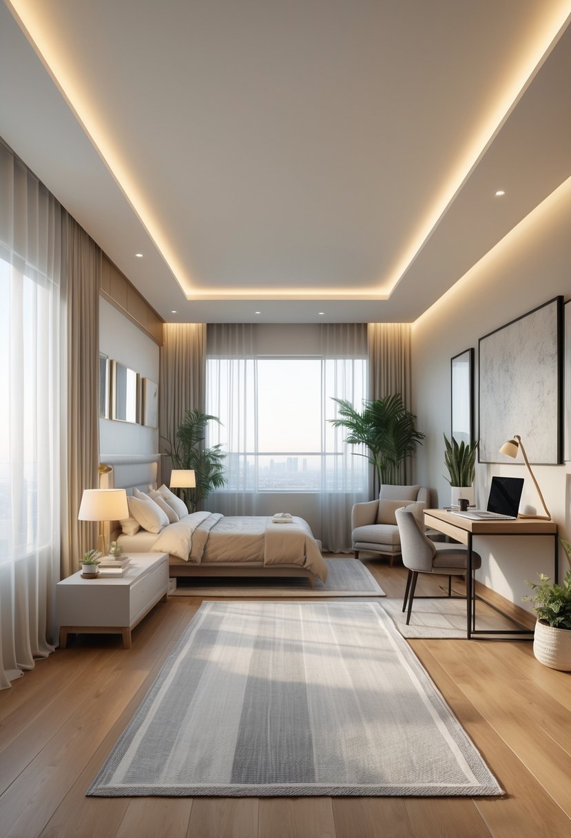 A long rectangular bedroom divided into separate areas for sleeping, working, and relaxing, with a bed, desk, and seating area visible.