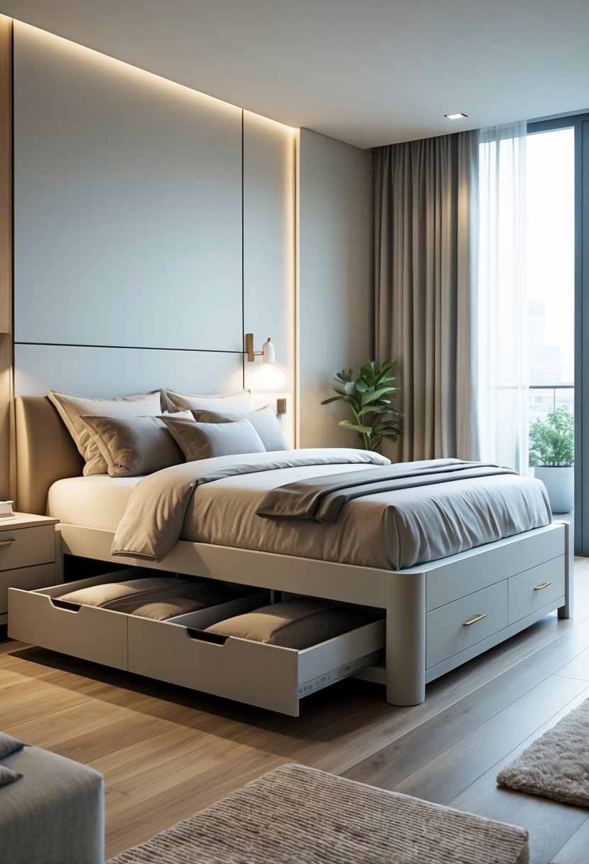 A bedroom with a storage bed featuring built-in drawers, a neatly made bed, and natural light from a window.