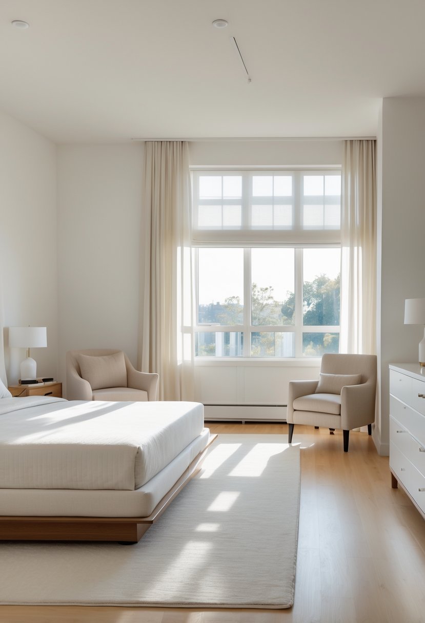 A spacious bedroom with a bed, armchair, dresser, and clear pathways for easy movement.