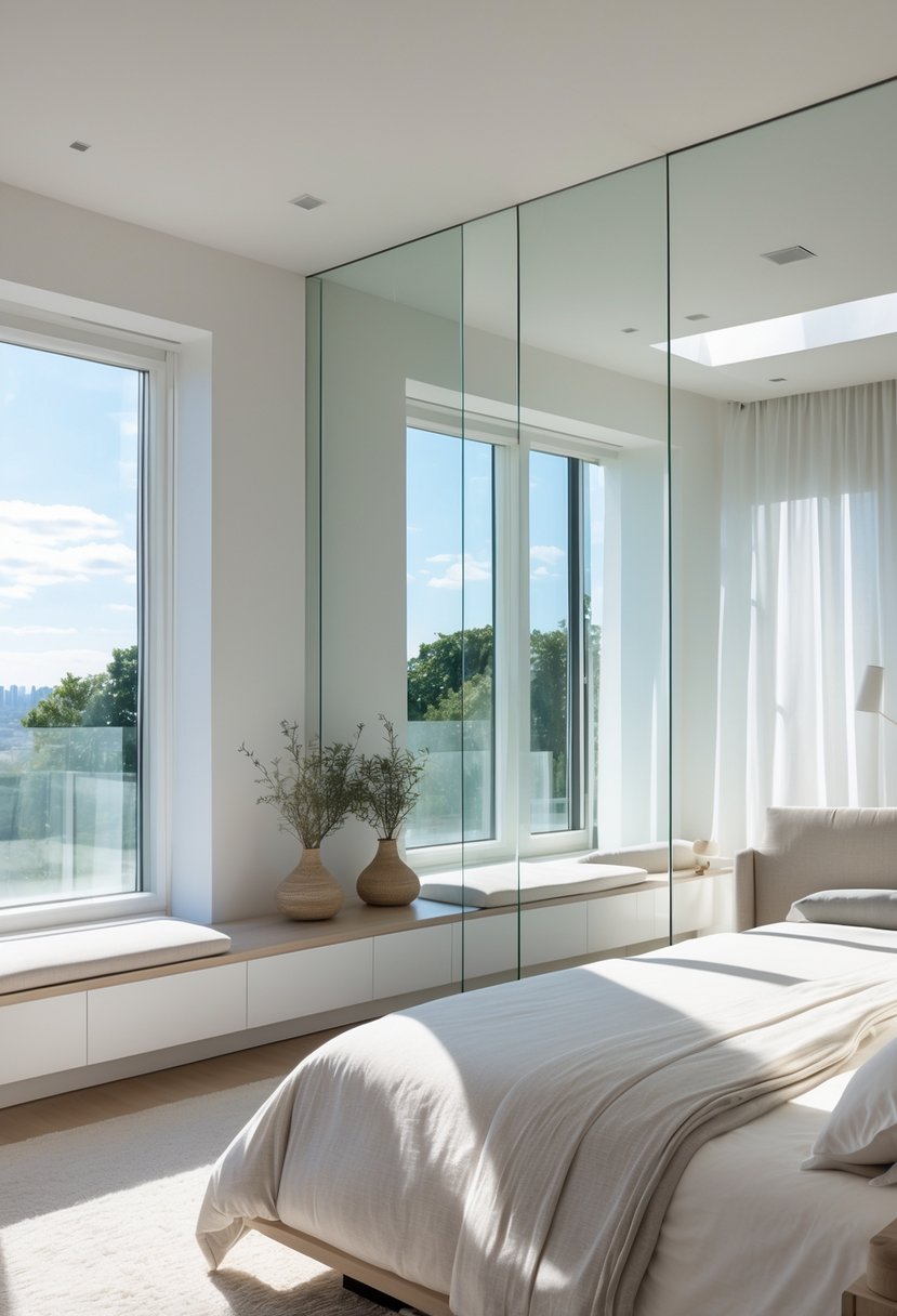 A bedroom with a large wall mirror reflecting sunlight, a neatly made bed, and minimalist furniture.