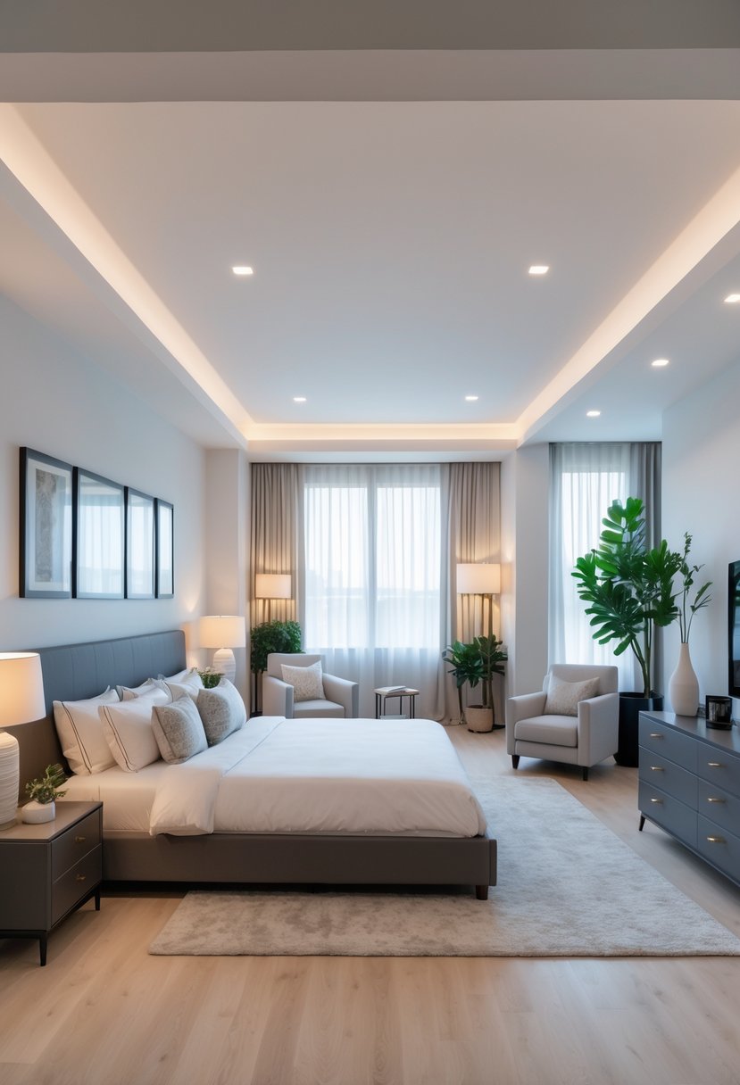 A spacious bedroom with a bed centered between two nightstands, a dresser opposite the bed, an armchair on one side, and a plant on the other, showing balanced furniture placement.