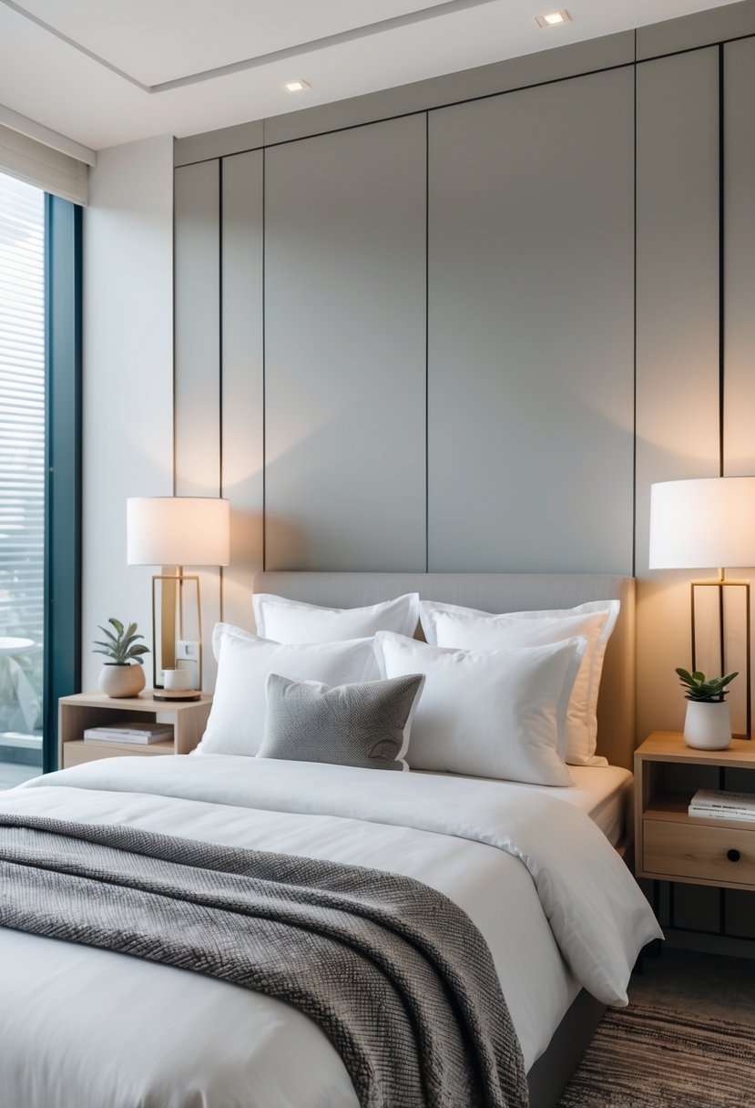 A bedroom with a bed flanked by matching bedside tables on both sides, each with a lamp and small decor items.