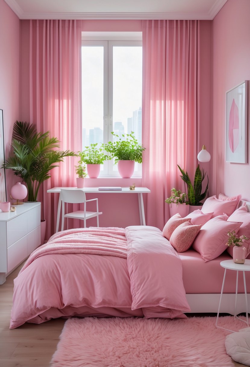 v2 16m9i2 g6epj A cozy bedroom with pink bedding, pink curtains, a white nightstand, a desk, plants, and natural light coming through a window.
