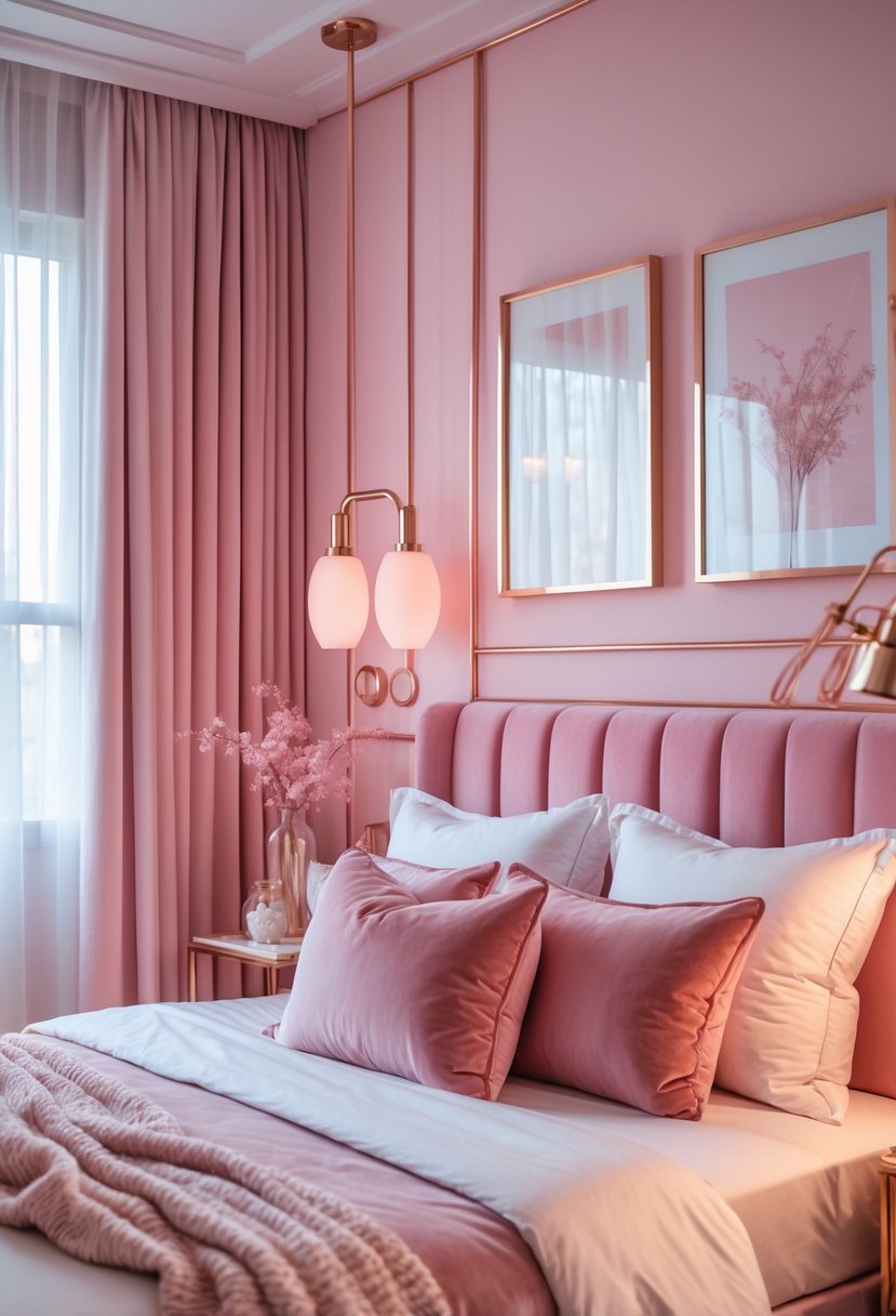 v2 16m9it 9p7wd A pink bedroom with a bed, pillows, rose gold lamps, and soft lighting.