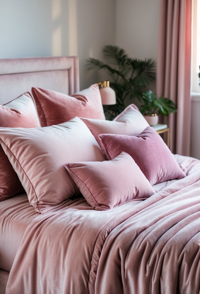 v2 16m9j5 yh0a1 A neatly made bed with velvet pink bedding and multiple pink throw pillows in a softly lit bedroom.