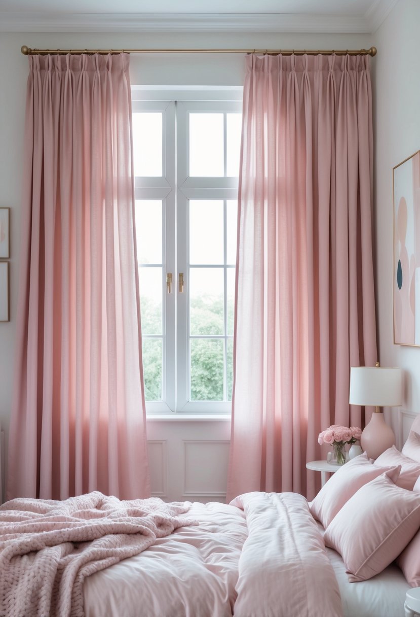 v2 16m9ji 7k74r A bedroom with soft pink ombre curtains over a window, a neatly made bed with pink and white bedding, and a bedside table with a vase of flowers.
