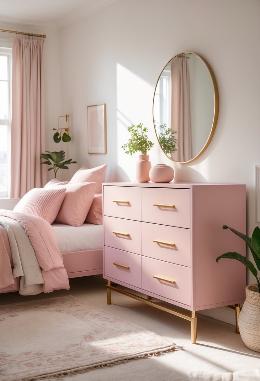 v2 16m9jx eyr2b A matte pink dresser with gold handles in a bright bedroom with a bed, rug, and decorative items.