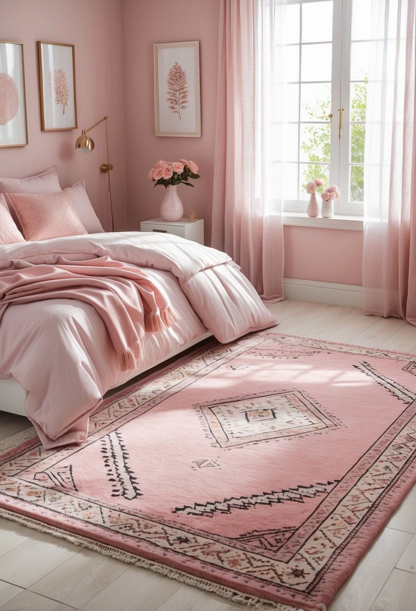 v2 16m9k9 A bedroom with a blush pink area rug featuring geometric patterns, a bed with pink and white bedding, a nightstand with a lamp, and natural light coming through a window.