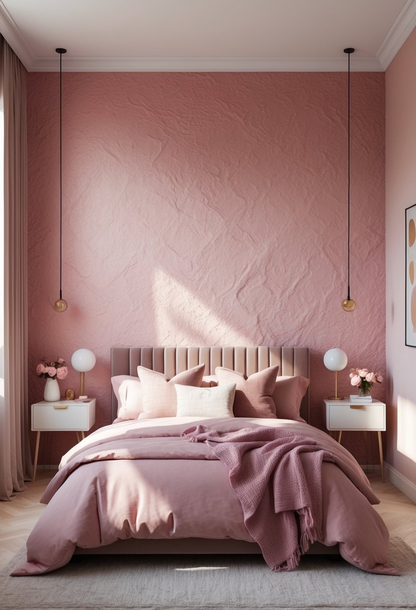 v2 16m9kl 0ehkv A bedroom with a textured pink wallpaper accent wall, a neatly made bed with pink and neutral bedding, bedside tables with lamps, and decorative elements.