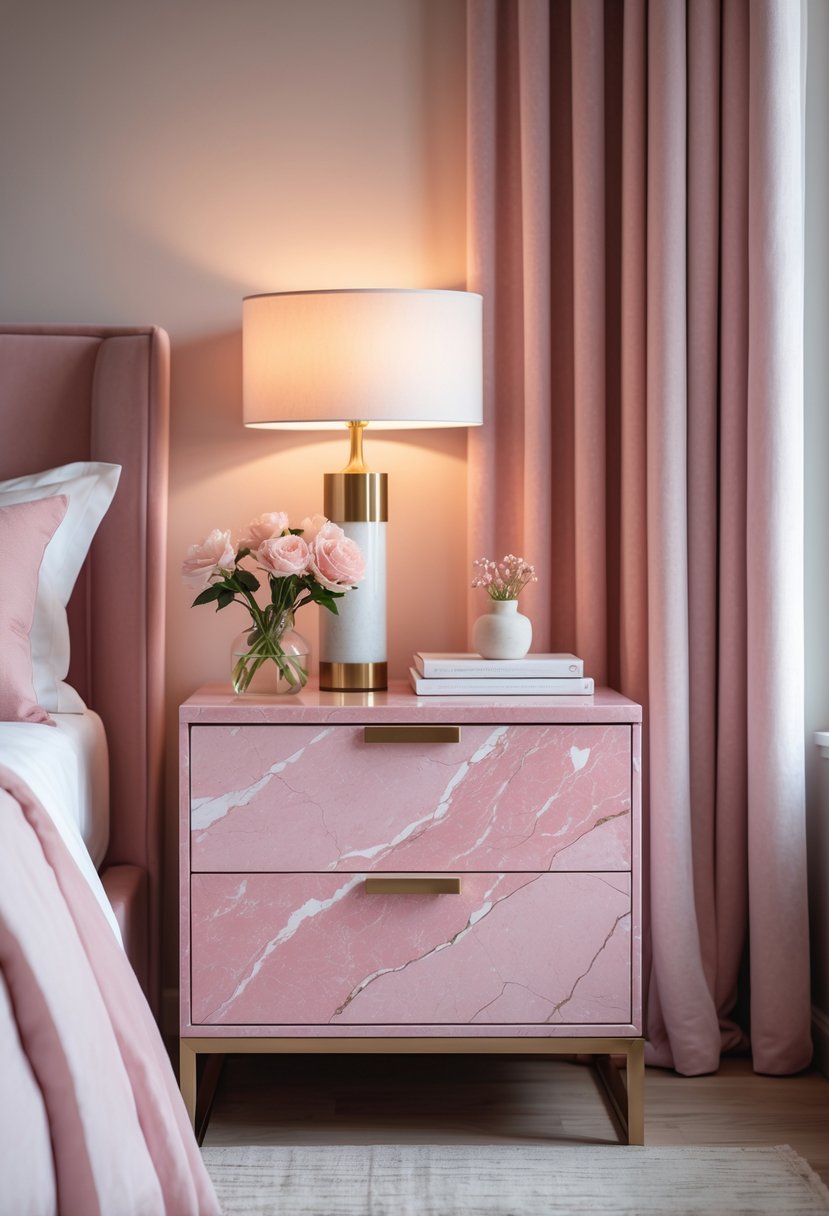 v2 16m9kw vfaf8 A pink marble nightstand next to a bed with a lamp, flowers, and books in a softly lit bedroom.