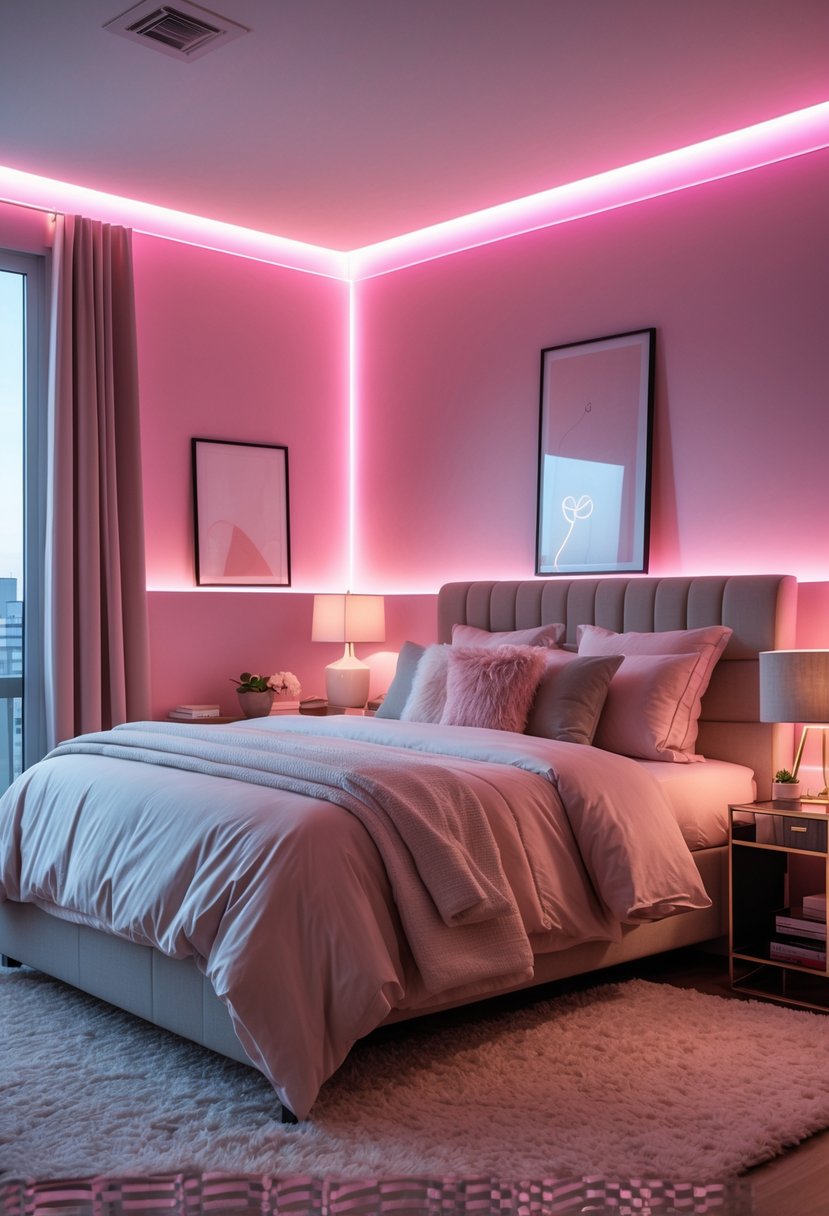 v2 16m9l8 qikpz A bedroom softly lit with warm pink LED lights, featuring a bed with pillows and a bedside table.