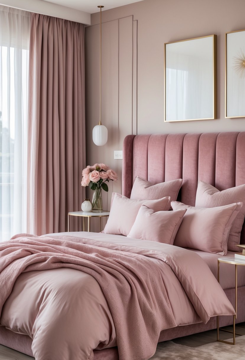 v2 16m9lk np96y A bedroom with a dusty rose upholstered headboard, neatly made bed with pillows and blanket, bedside table with lamp and flowers, and soft natural light coming through curtains.