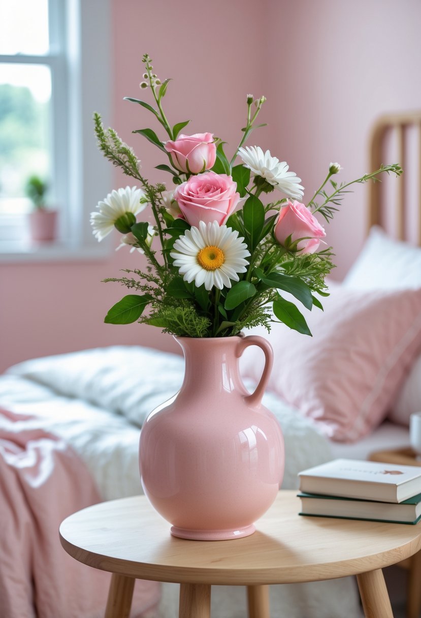v2 16m9lv el3e8 A pink vase with fresh flowers on a bedside table in a softly lit bedroom with pink walls and a made bed in the background.
