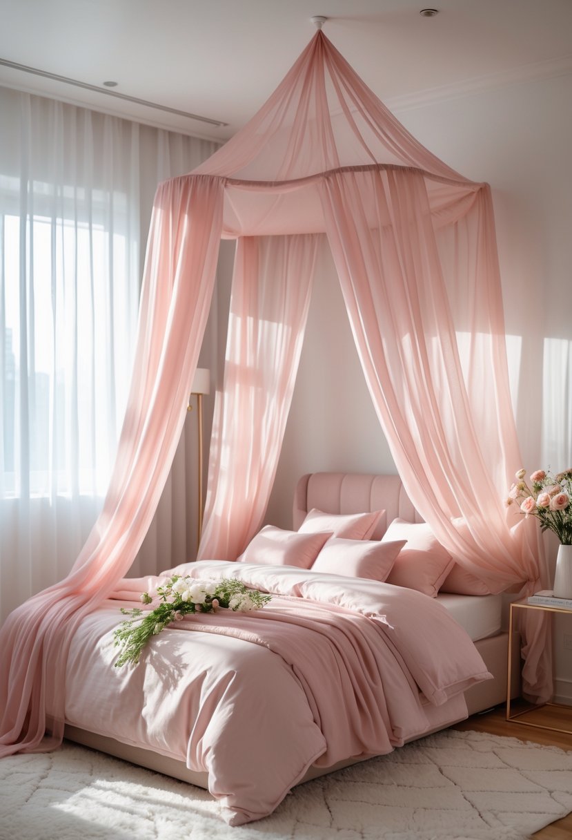 v2 16m9m9 e37bq A bedroom with a bed covered by a blush pink sheer canopy, soft pillows, and natural light coming through the window.