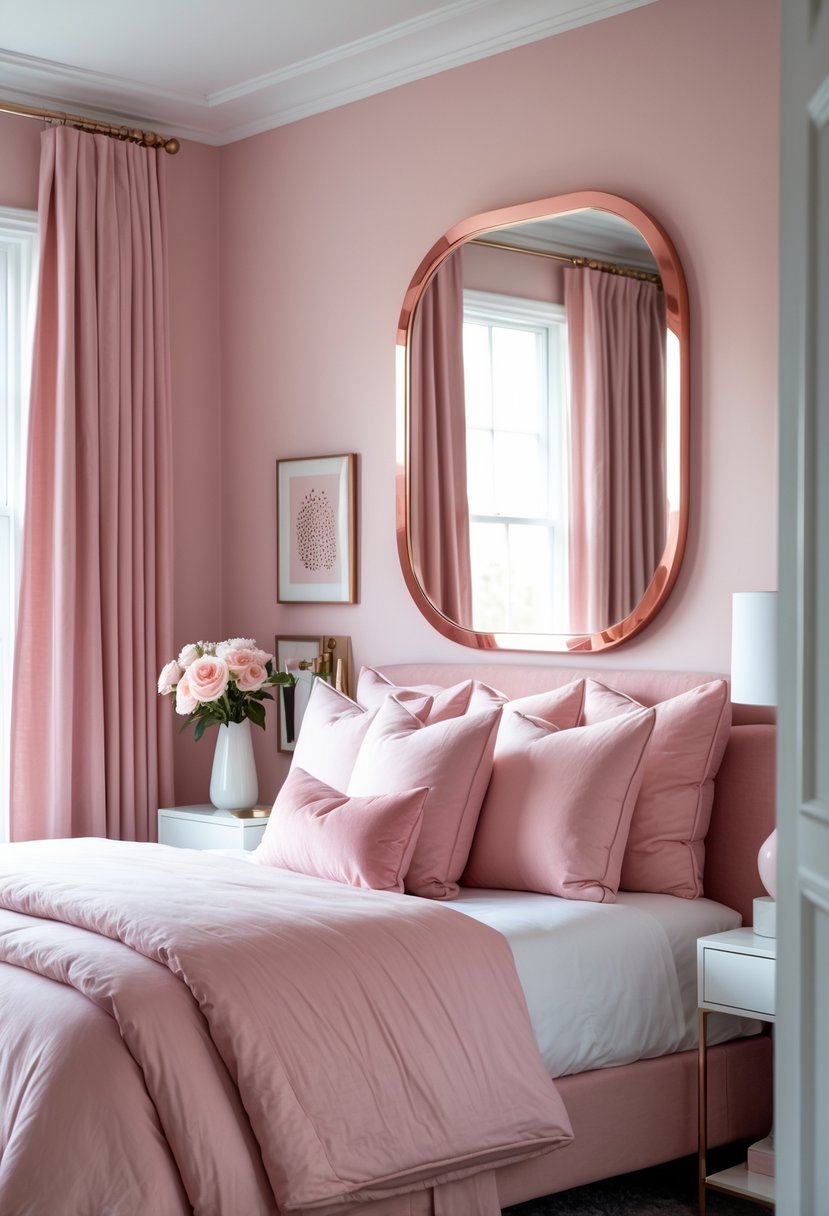 v2 16m9mm 227yn A pink bedroom with a rose gold mirror frame on the wall, a cozy bed, bedside table, and decorative flowers.