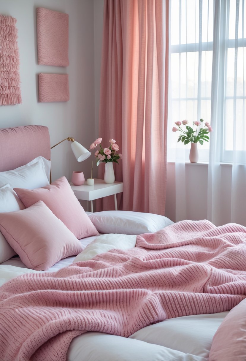 v2 16m9n0 tfpej A bedroom with a neatly made bed featuring a soft pink knit throw blanket and pink pillows, illuminated by natural light from a window.