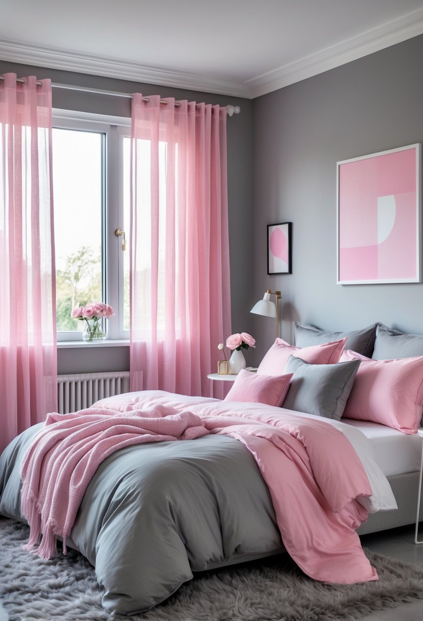 v2 16m9nj 4j1wm A bedroom with a bed dressed in pink and gray bedding, a bedside table with a lamp and flowers, gray walls, and pink curtains letting in natural light.