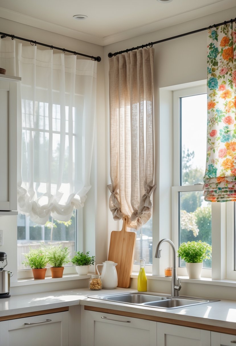 v2 16ma3g w55ya A modern kitchen with several windows featuring different types of kitchen curtains, including sheer panels, patterned valances, and linen drapes, with sunlight coming through.