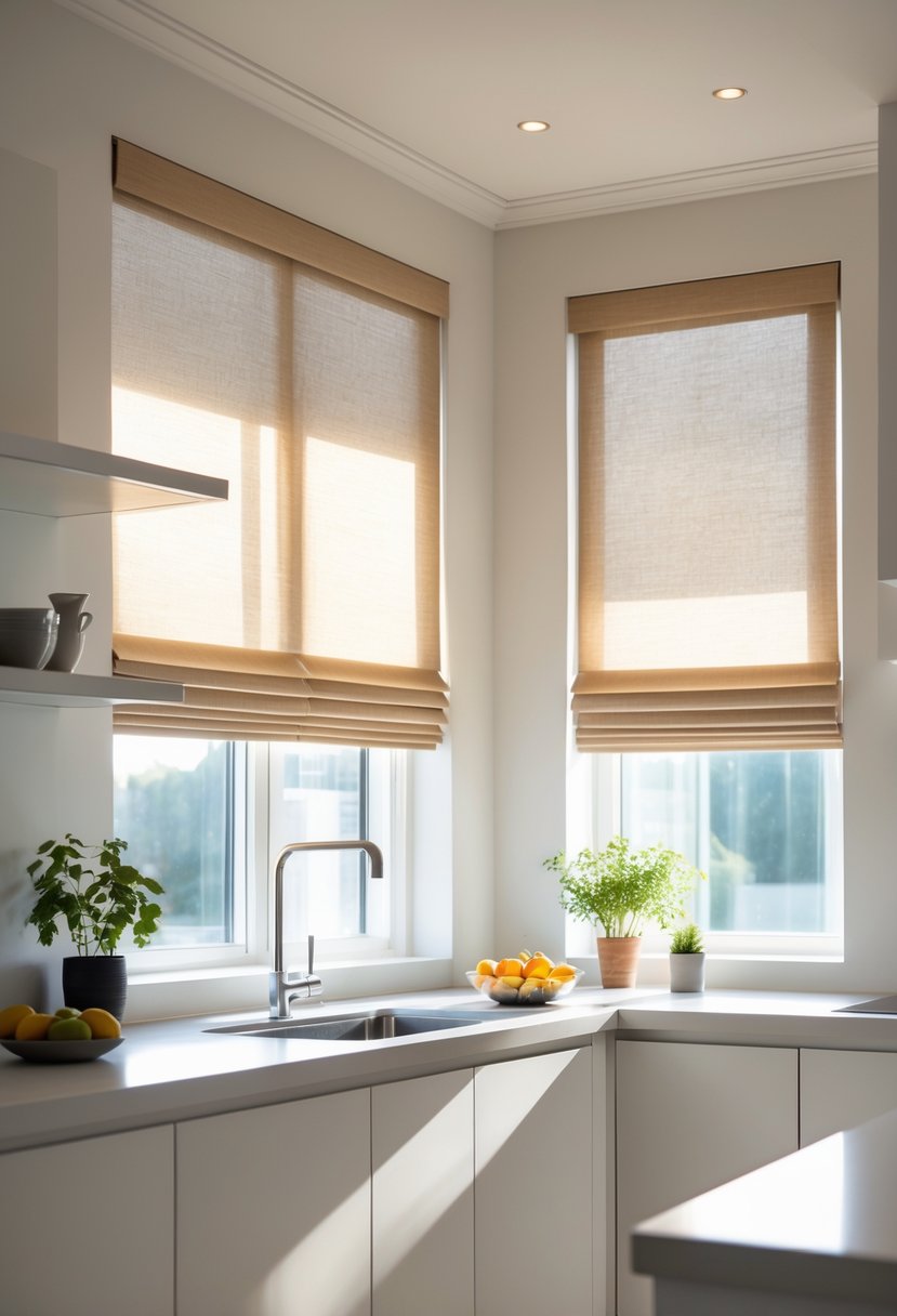 v2 16ma3u 0hlbf A bright kitchen with windows covered by light-filtering Roman shades, sunlight softly illuminating the space.