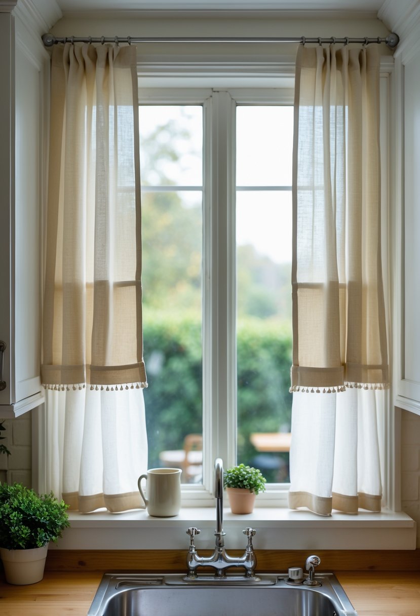 v2 16ma48 f5lor A kitchen window with half-covered curtains, a wooden countertop with a plant and kitchen items beneath it.