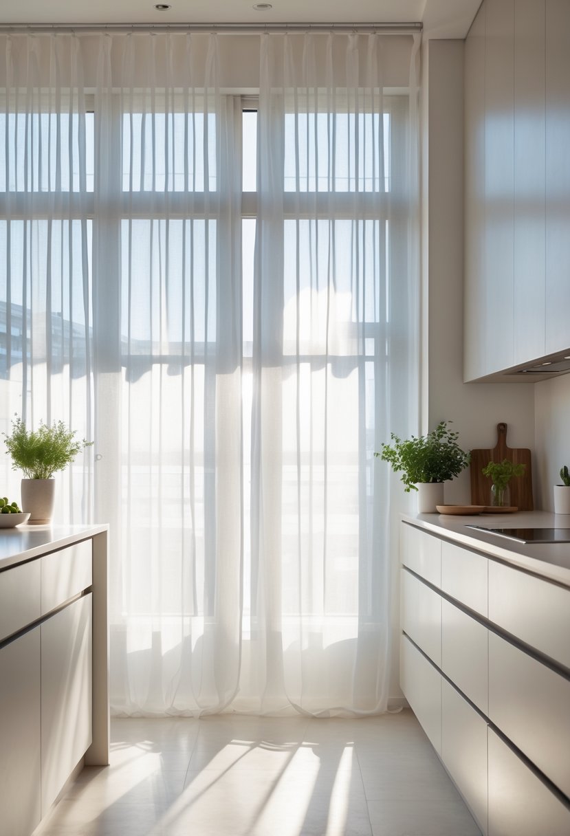 v2 16ma4n 8m7o8 A bright kitchen with large windows covered by sheer white curtains allowing natural light to fill the space.