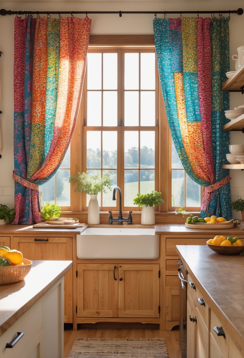 v2 16ma51 jc7pu A farmhouse kitchen with bold patterned curtains hanging over a window, sunlight illuminating the kitchen island and rustic decor.