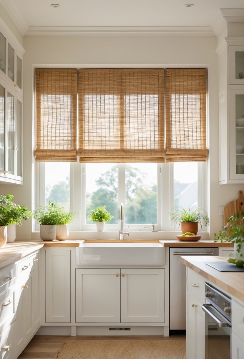 v2 16ma5d z1lzo Bright modern kitchen with large windows covered by natural woven shades, wooden countertop, and green plants.