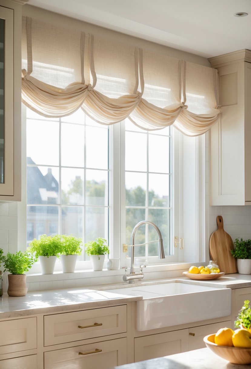 v2 16ma5t w6iam A modern kitchen with a large window covered by tailored valances, sunlight coming through, and a countertop with herbs and fruit.