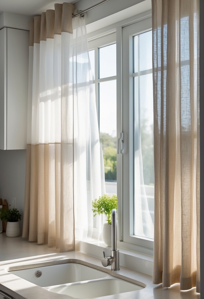 v2 16ma66 i338j A kitchen window with layered sheer and opaque curtains allowing soft natural light into the room.
