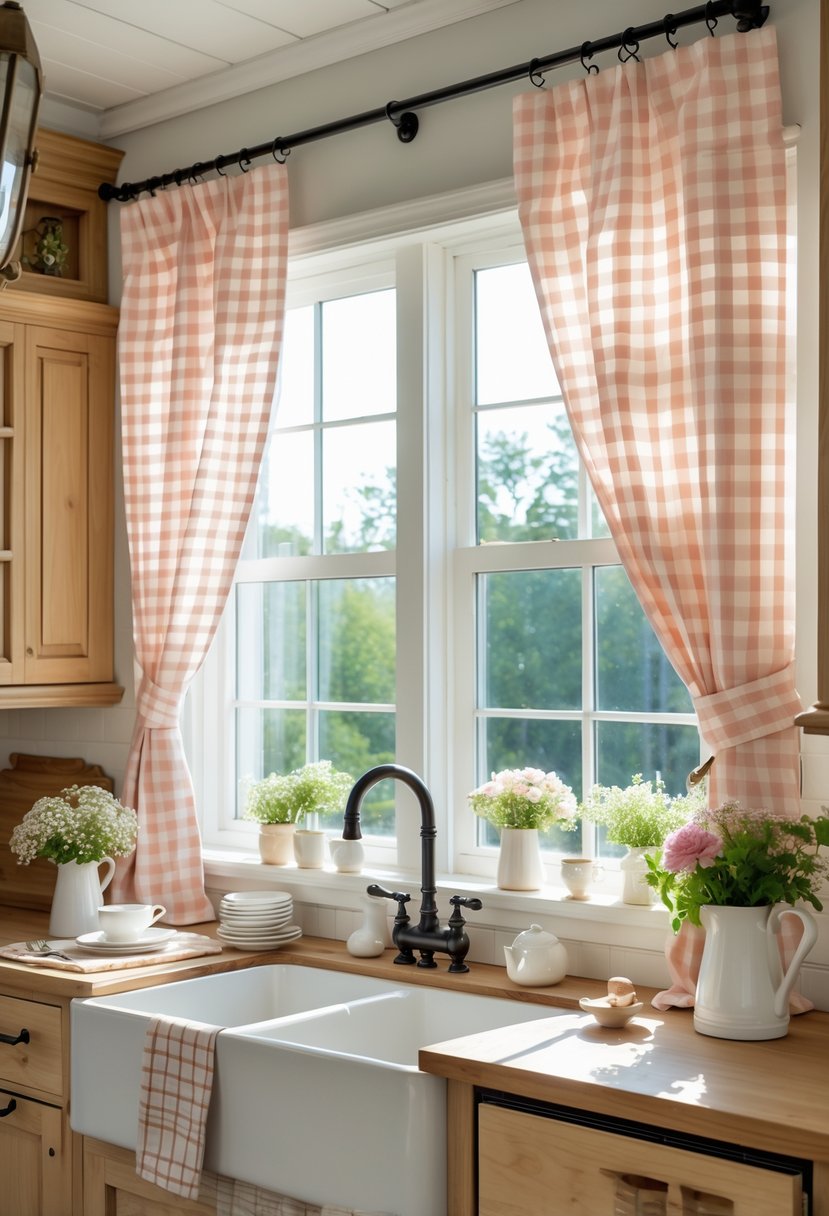 v2 16ma6m A kitchen with large windows covered by gingham check curtains, wooden cabinets, a farmhouse sink, and a dining table with flowers and dishes.