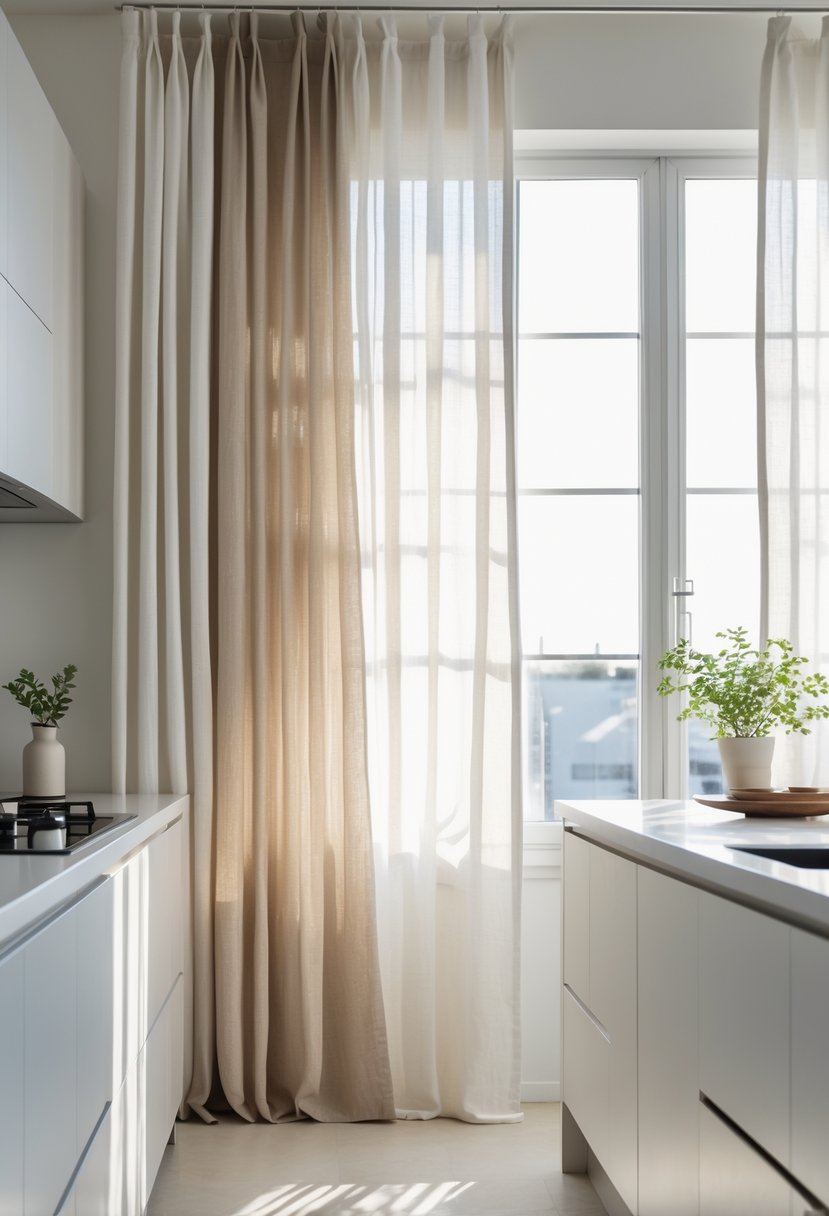 v2 16ma73 A bright kitchen with large windows covered by neutral-colored linen curtains, sunlight filling the space and a clean countertop with a small plant.