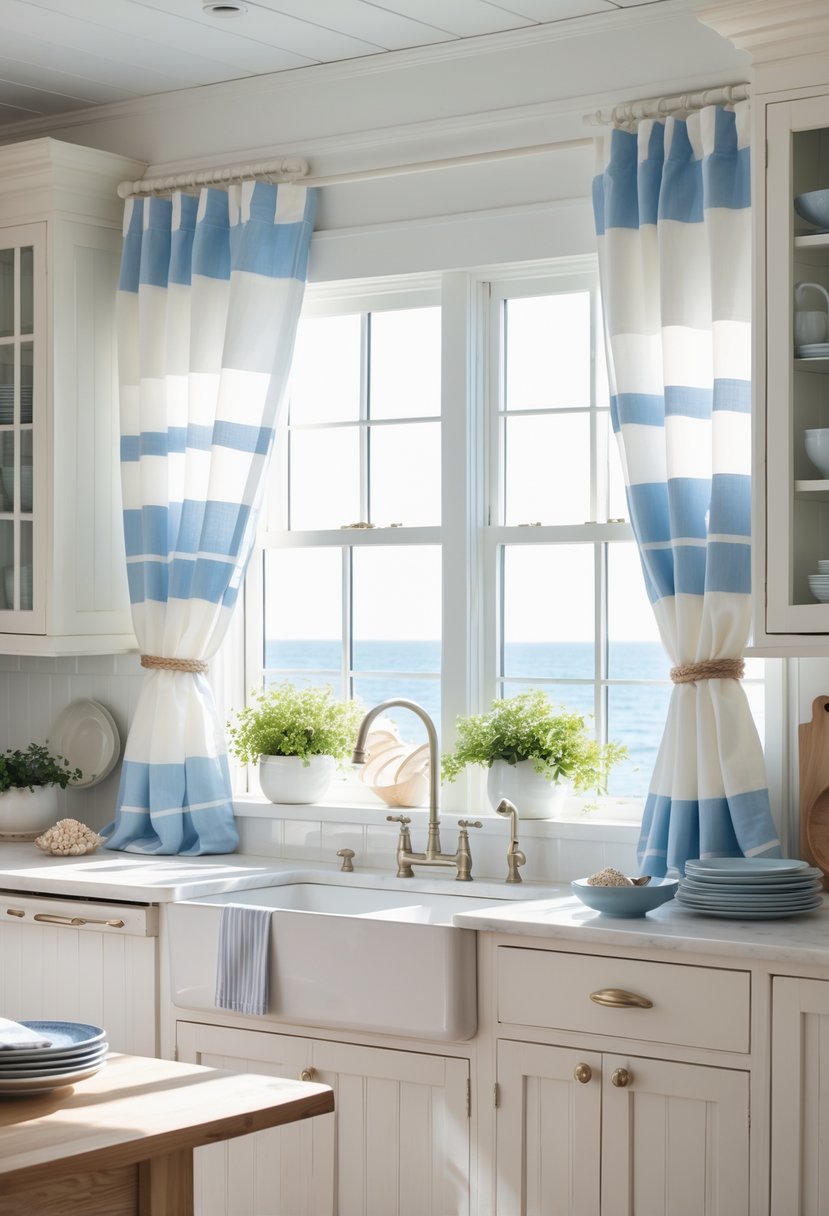 v2 16ma7g 38eqd A coastal kitchen with large windows covered by striped cotton curtains, natural wood cabinets, and a wooden dining table with simple dishes.