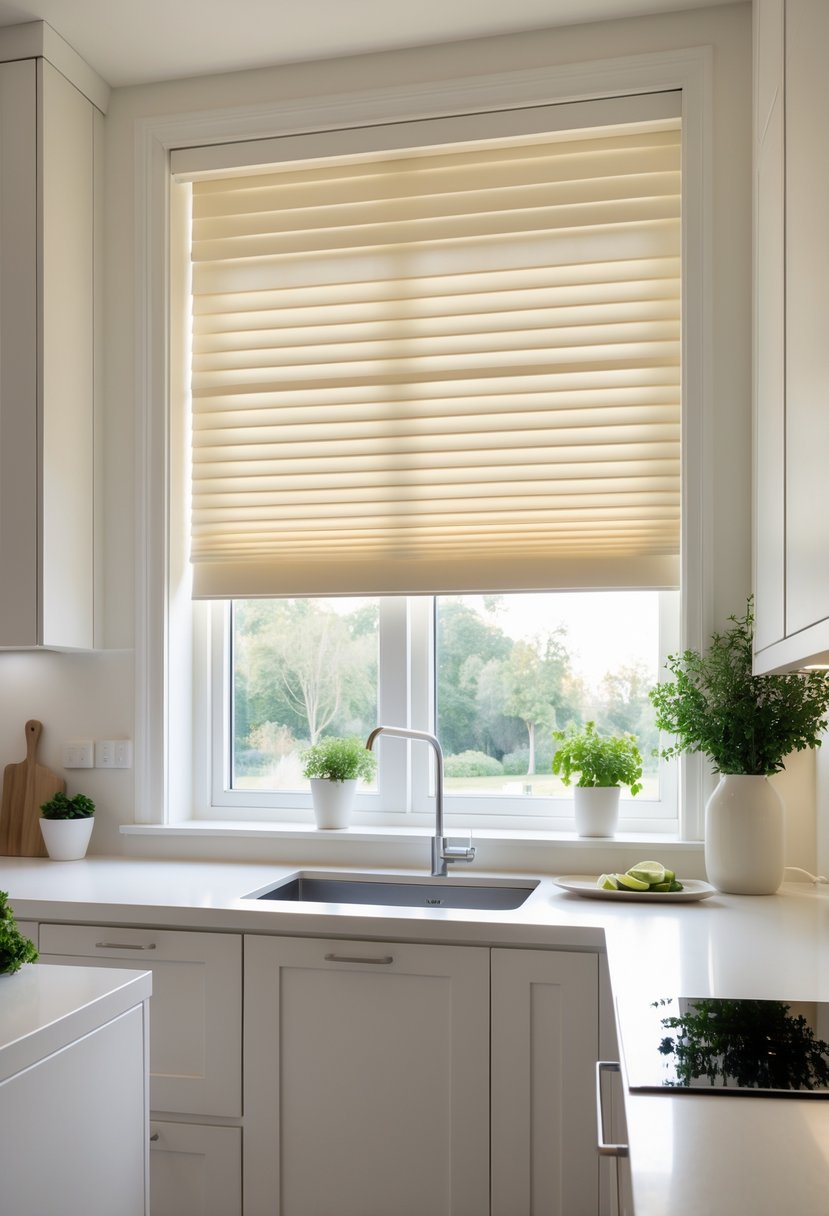 v2 16ma7u 5dv76 A modern kitchen with a large window covered by pleated shades that allow natural light to enter.
