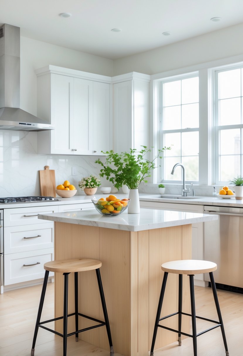A small kitchen island with a marble countertop in a bright kitchen, surrounded by bar stools and kitchen appliances.