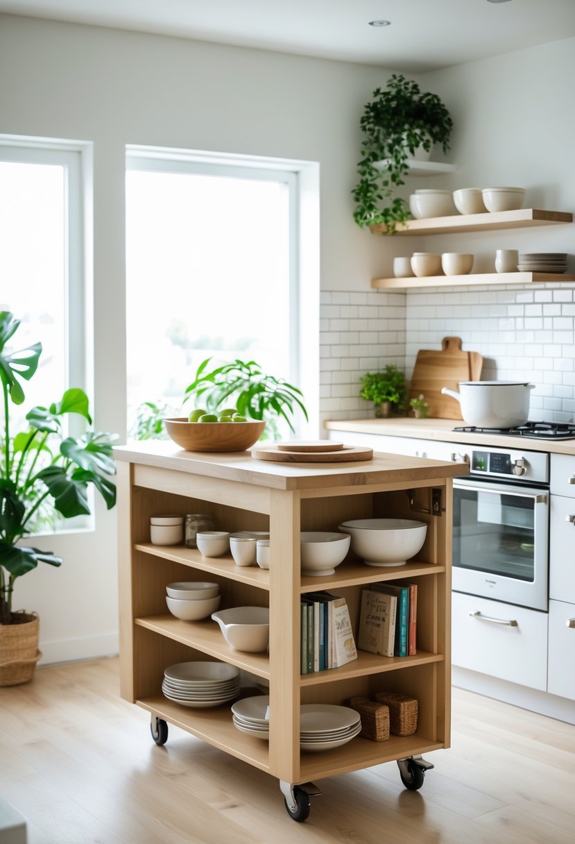 A rolling kitchen island with storage shelves in a small kitchen, surrounded by white cabinets and natural light.