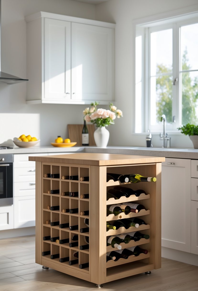A small kitchen island with a built-in wine rack holding wine bottles, placed in a bright modern kitchen.