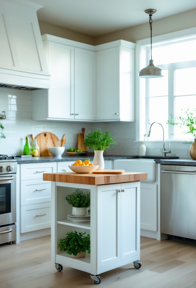 A small kitchen island with a butcher block countertop in a bright kitchen with white cabinets and stainless steel appliances.
