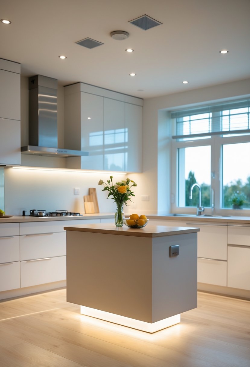 A modern kitchen with a small floating island illuminated by soft underlighting, surrounded by light cabinetry and natural light.