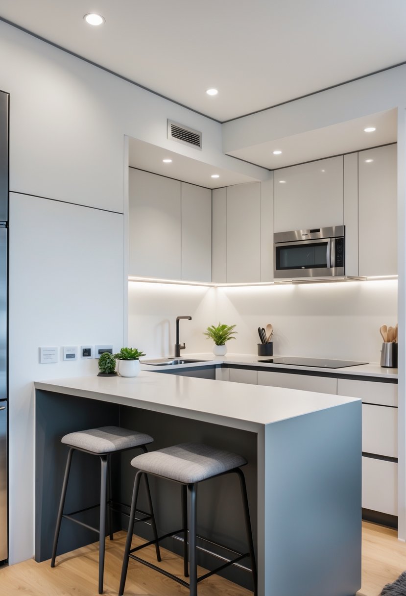 Small kitchen with a compact island that includes seating for two, surrounded by modern appliances and cabinetry.